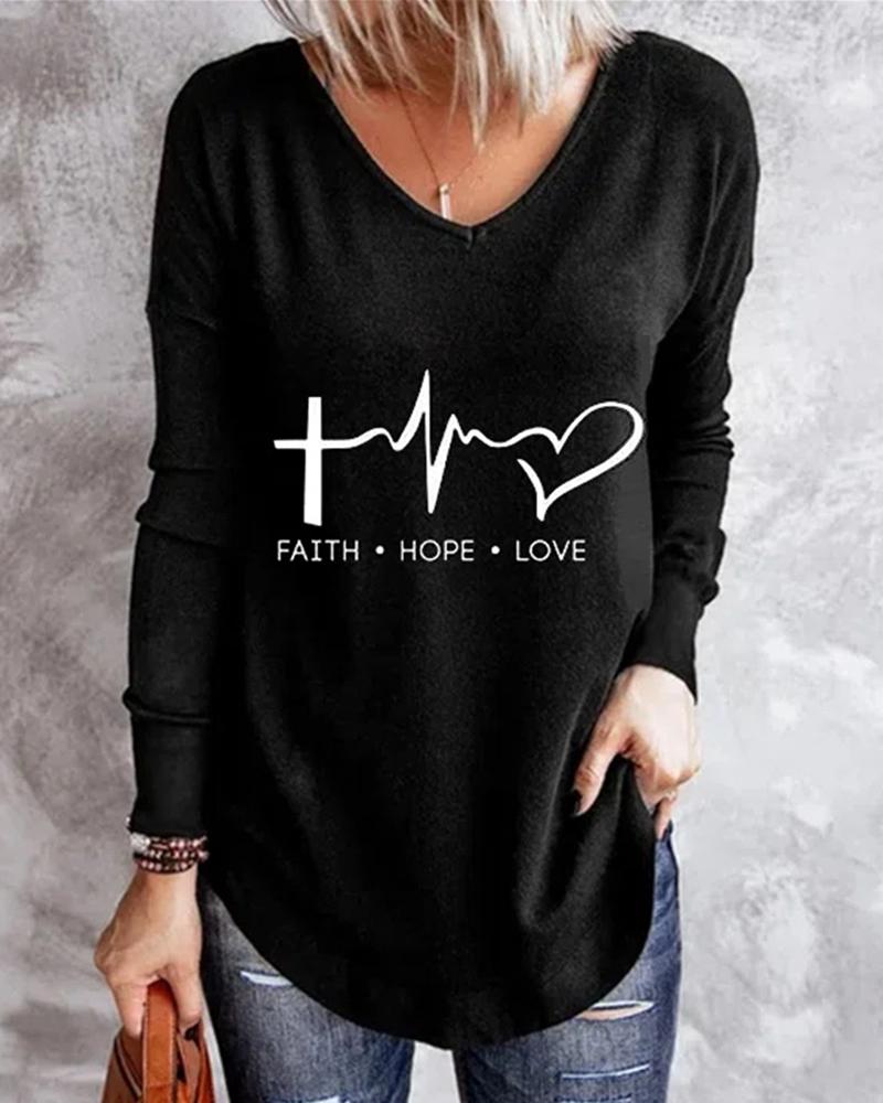 

Heart Letter Print Long Sleeve Top, Black