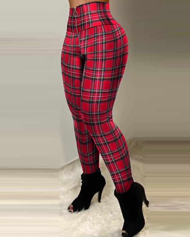 

Plaid Print Zipper Design High Waist Skinny Pants, Red