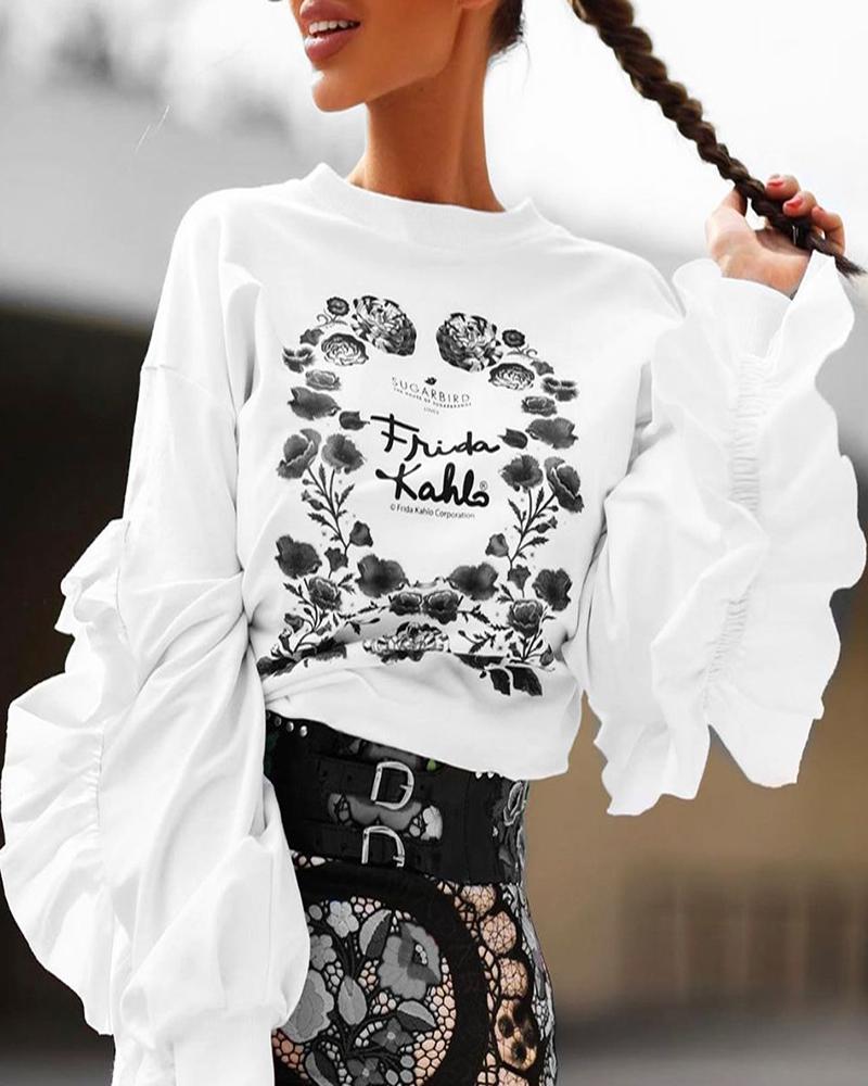 

Floral Letter Print Frill Hem Lantern Sleeve Top, White