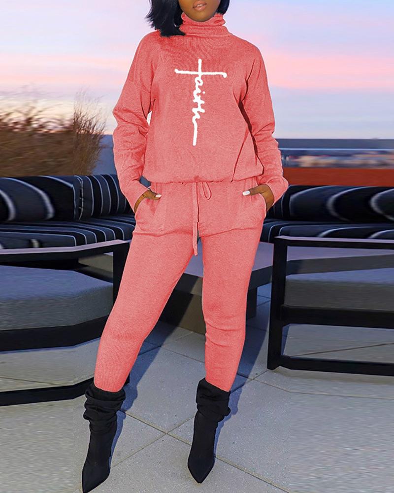 

Letter Print High Neck Top & Drawstring Pocket Design Pants Set, Pink
