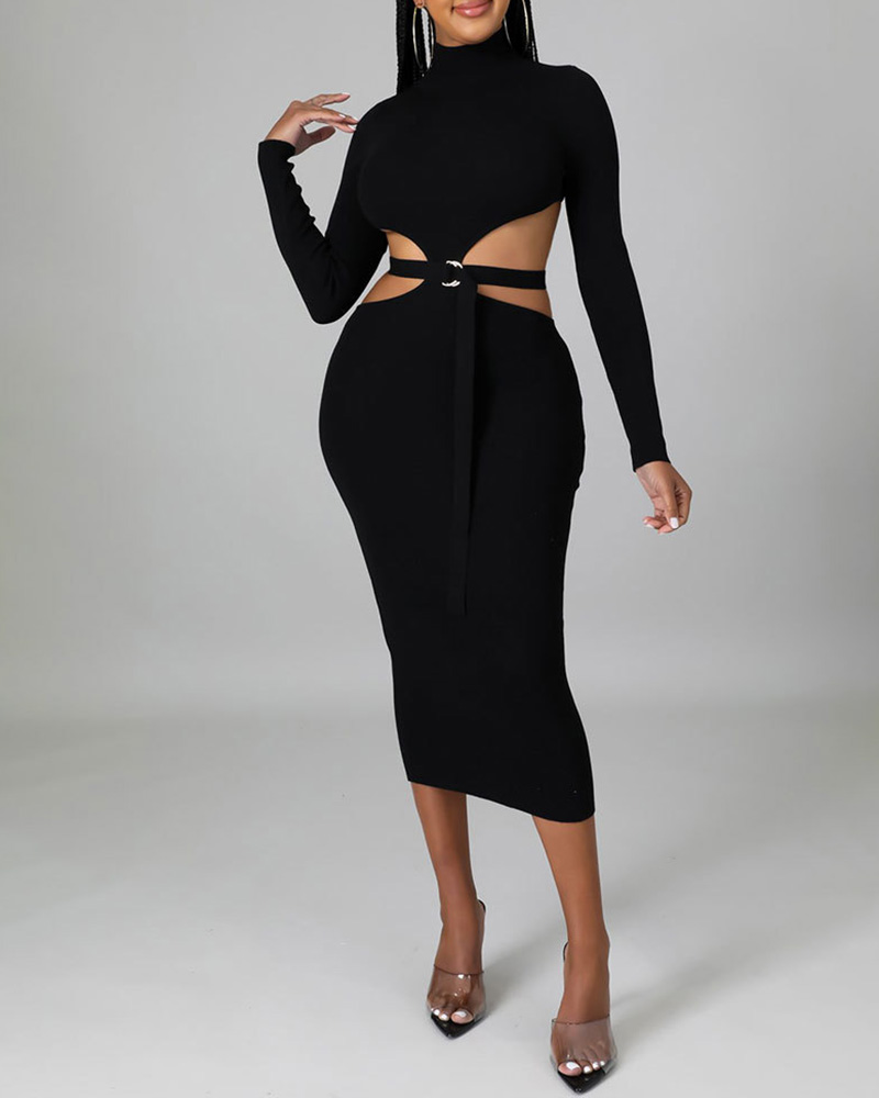

Cutout High Neck Long Sleeve Bodycon Dress, Black