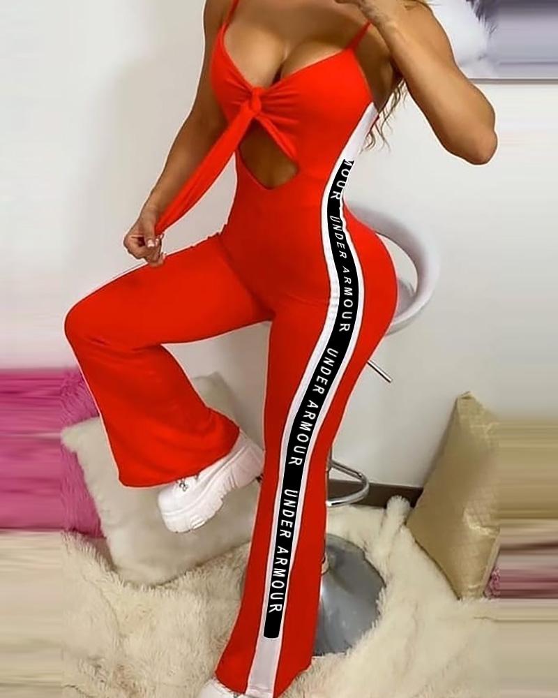 

Knotted Letter Print Cutout Front Jumpsuit, Red