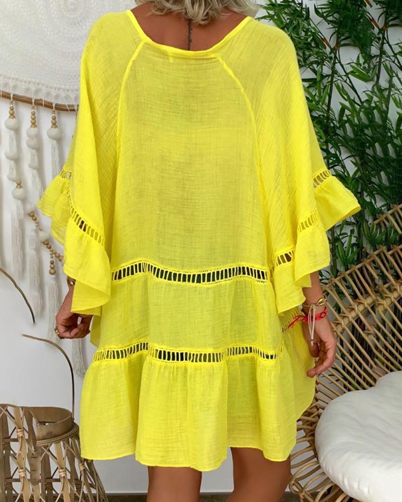 

Ruffles Bell Sleeve Hollow Out Casual Dress, Yellow