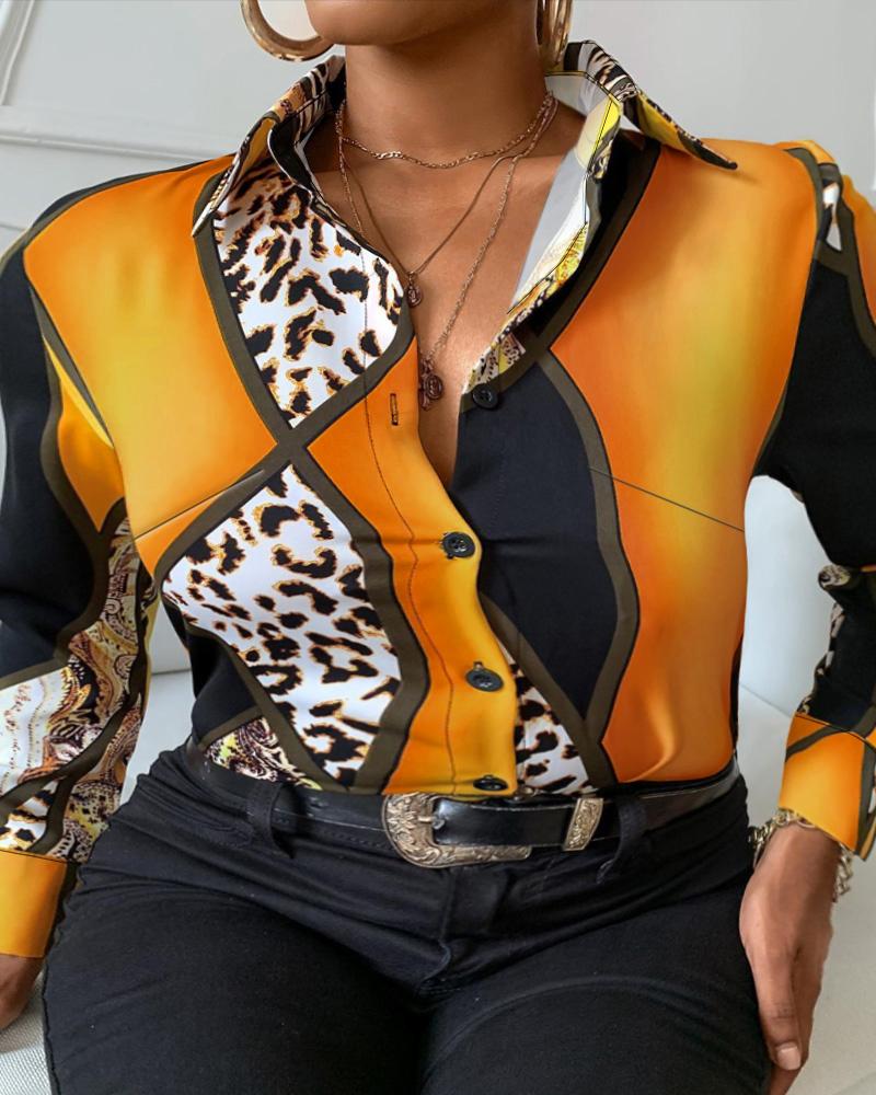 

Plus Size Scarf Leopard Print Button Down Shirt, Yellow