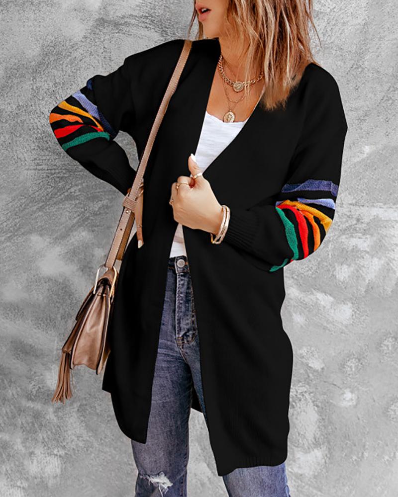 

Striped Print Bishop Sleeve Casual Cardigan, Black