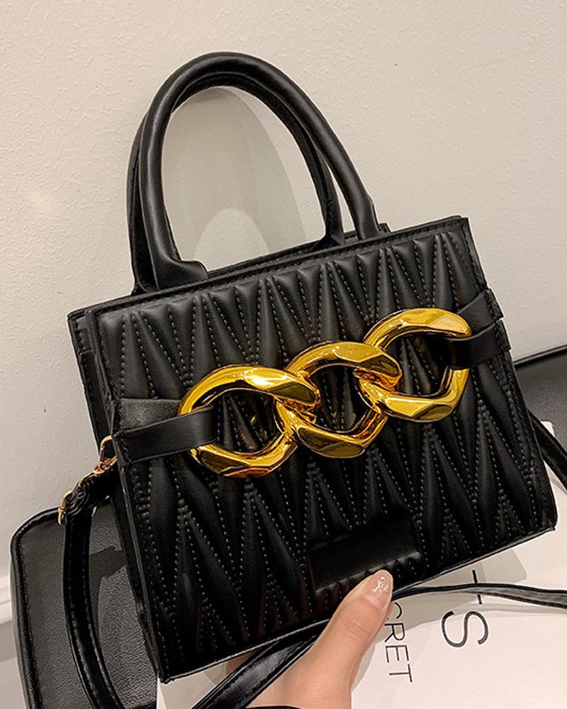 

Chain Decor Quilted Shoulder Bag With Handle, Black