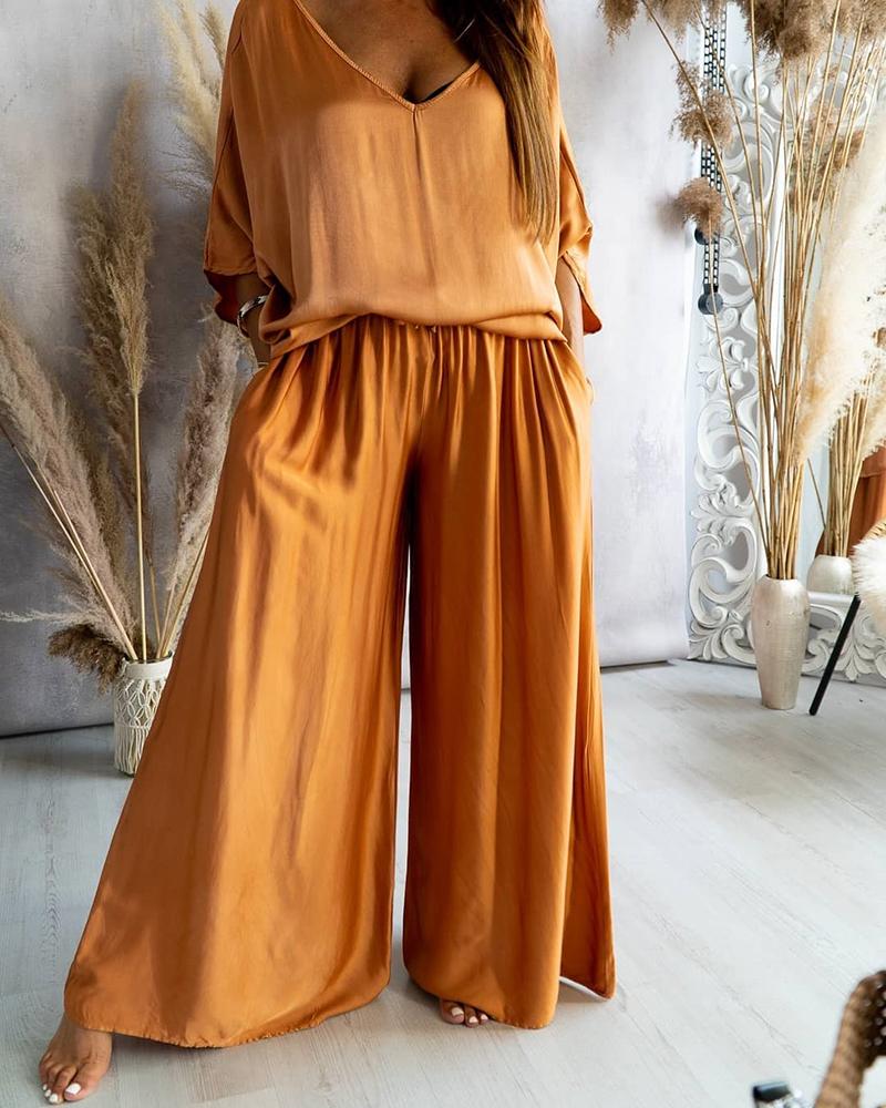 

V-Neck Batwing Sleeve T-shirt & Wide Leg Pants Set, Brown