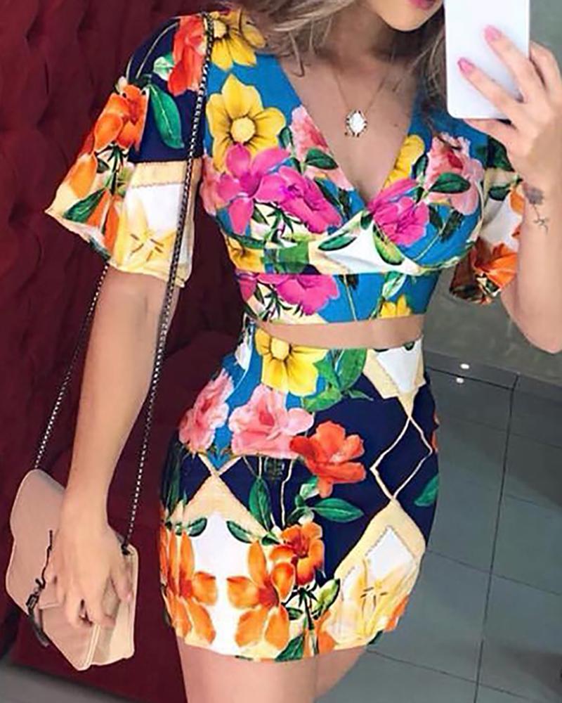 

Floral Print Short Sleeve Top & Skirt Set, Multicolor