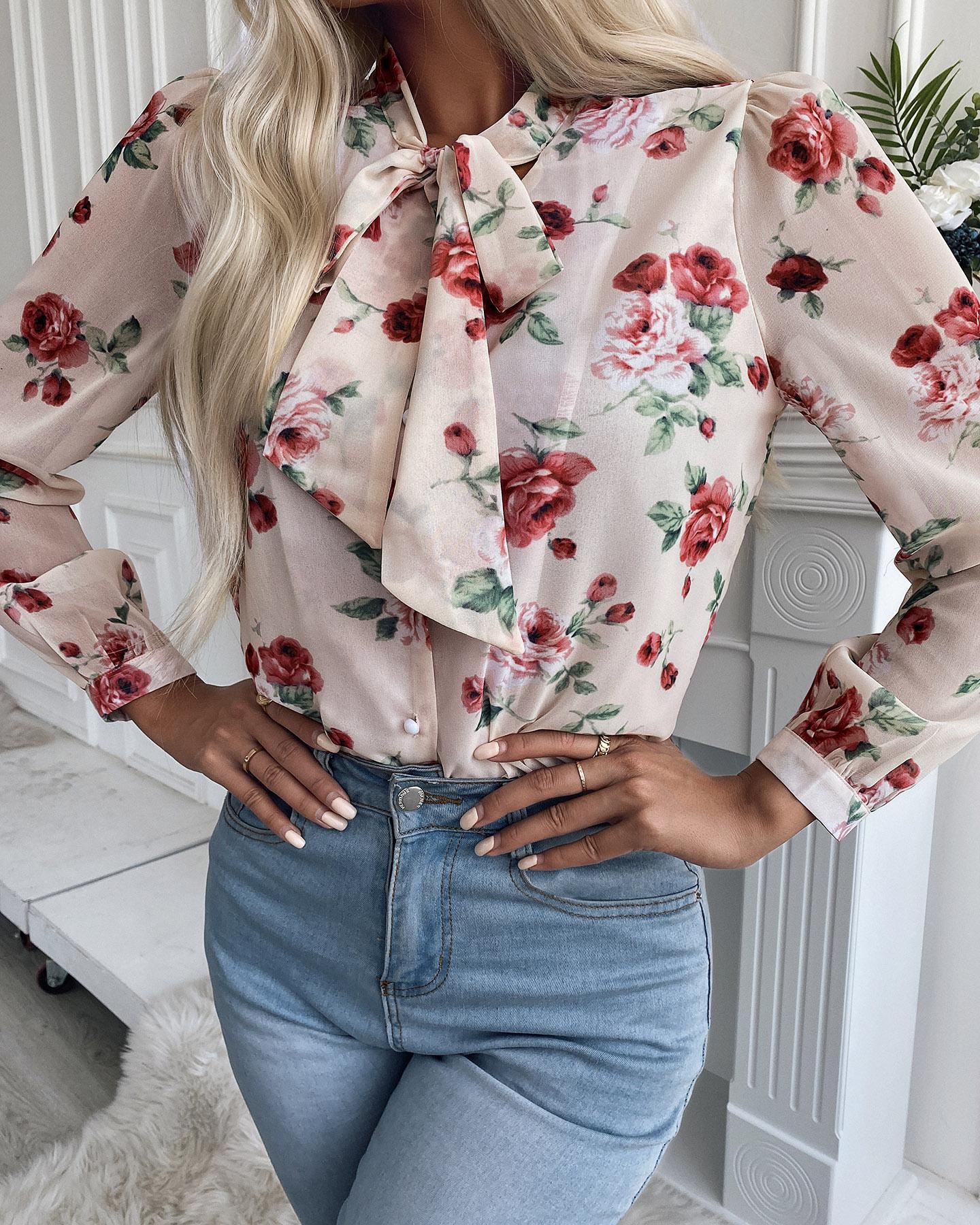 

Tie Neck Design Floral Print Top, Multicolor