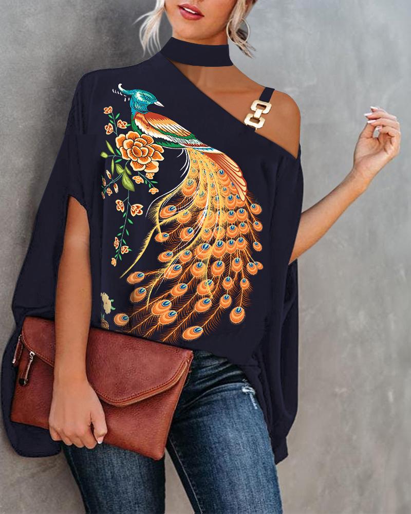

Peacock Floral Print Chain Strap Cold Shoulder Top, Purplish blue