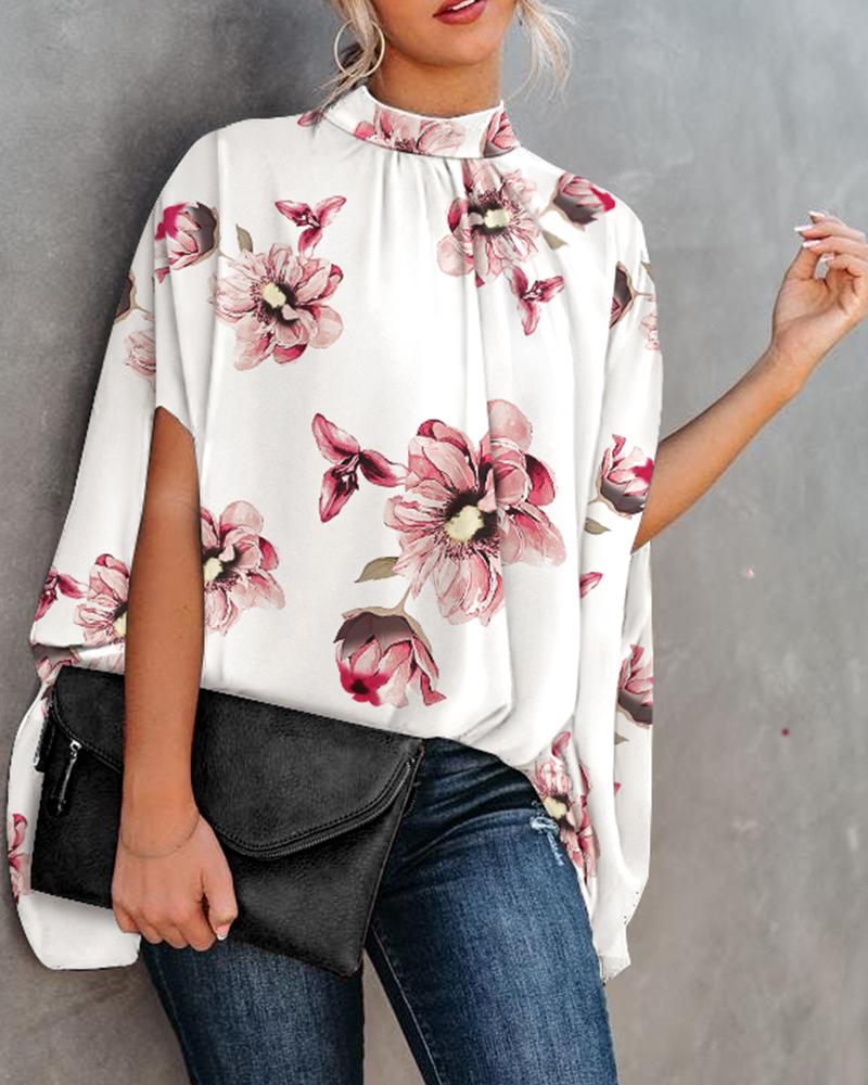 

Floral Print Batwing Sleeve Cape Design Top, White