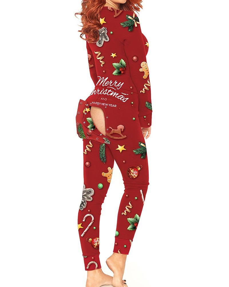 

Christmas Functional Buttoned Flap Adults Pajamas, Red