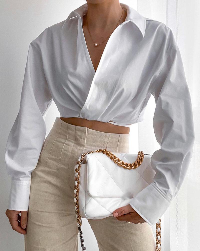 

Long Sleeve Casual Crop Shirt, White