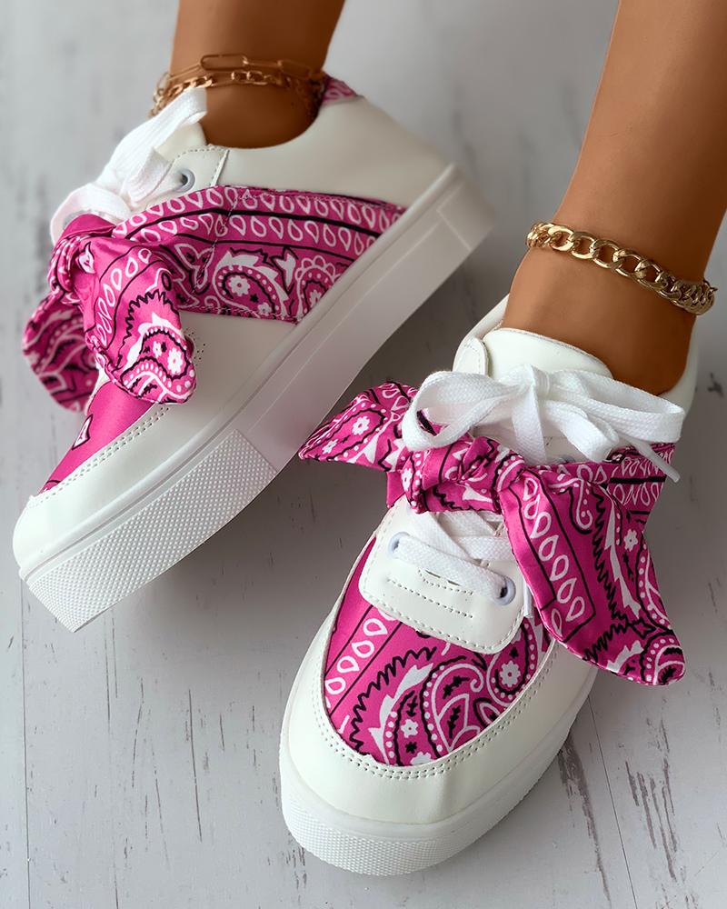 

Paisley Print Knotted Eyelet Lace-up Flatform Sneaker, Hot pink