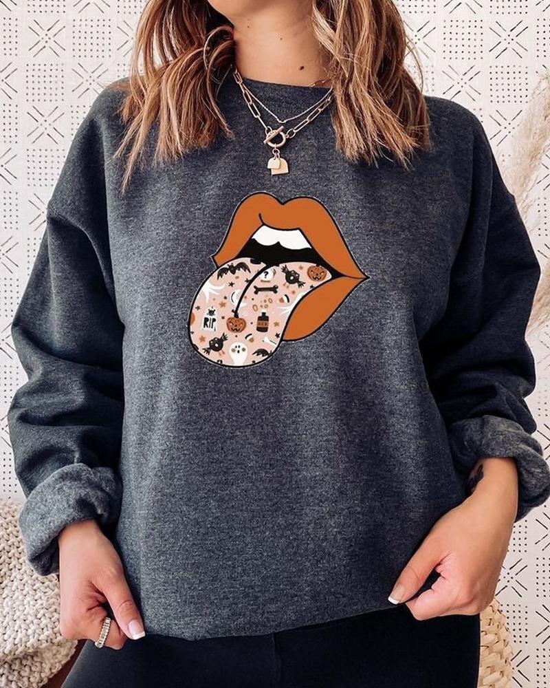 

Halloween Graphic Lip Print Long Sleeve Sweatshirt, Gray