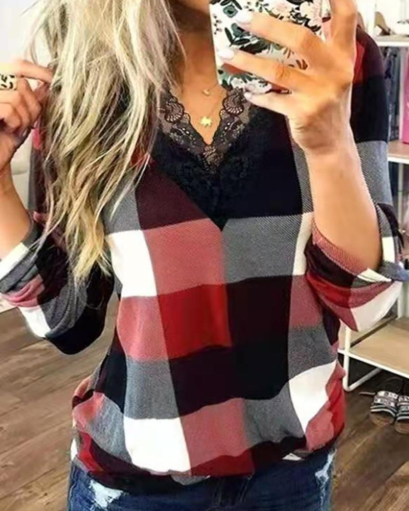 

Plaid Lace Trim Long Sleeve Top, Red