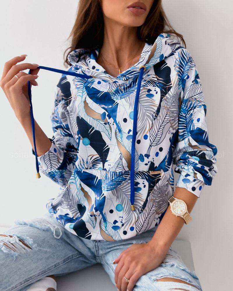

Leopard Leaf Print Long Sleeve Drawstring Hoodie, Style2