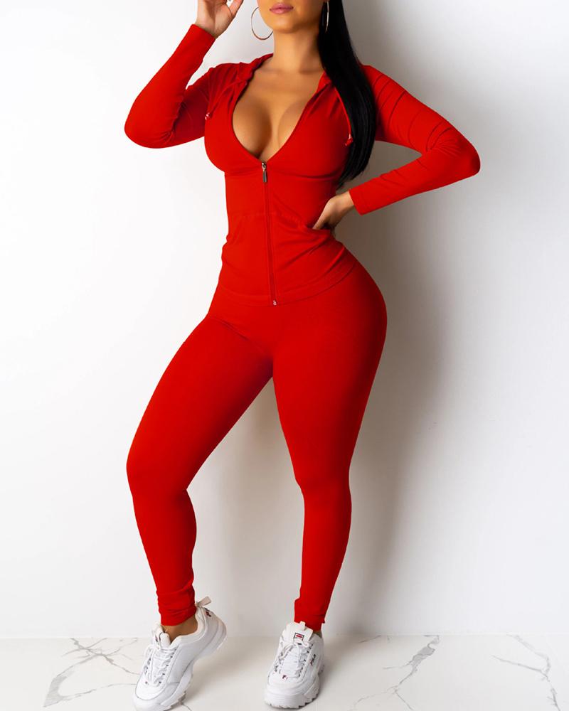 

Zipper Front Drawstring Hooded Top & Skinny Pants Set, Red