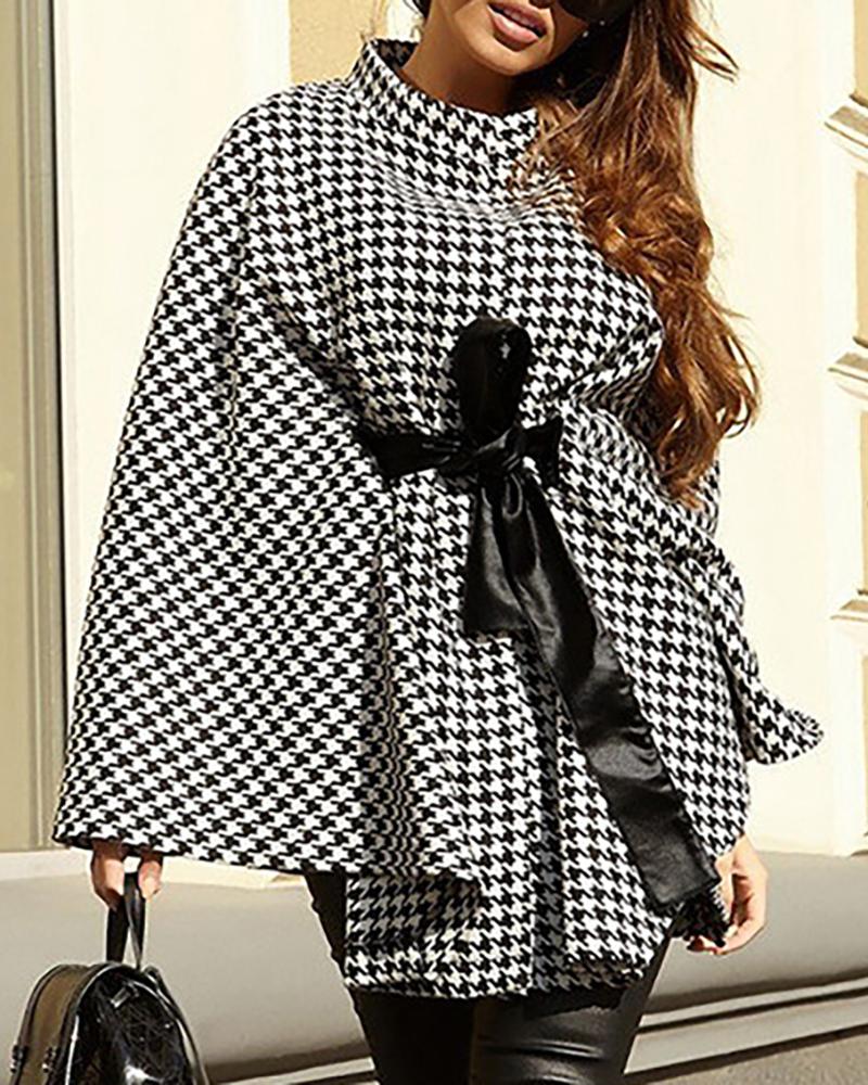 

Houndstooth Print Tie Front Cape Coat, Blackwhite