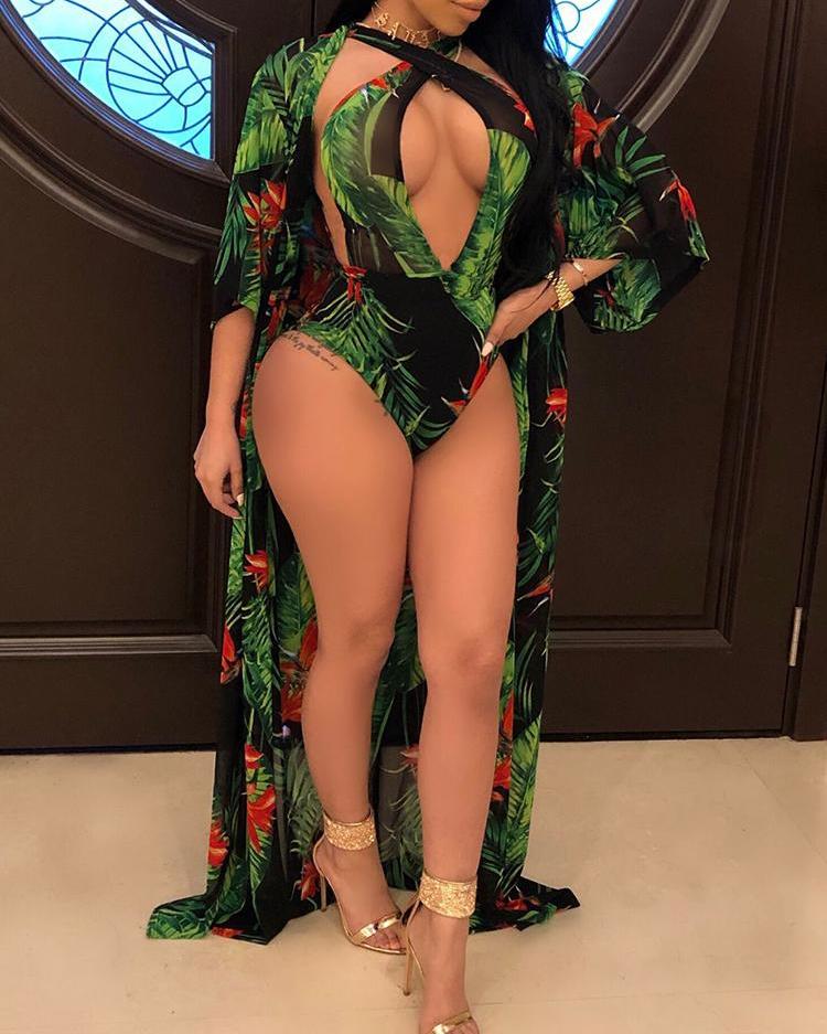 

Baroque Print Cutout One-Piece Swimsuit With Cover Up, Green