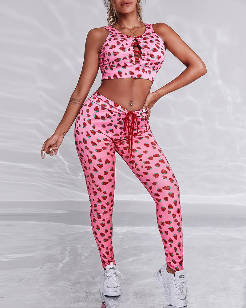 

Strawberry Print Lace-up Drawstring Ruched Active Sets, Pink