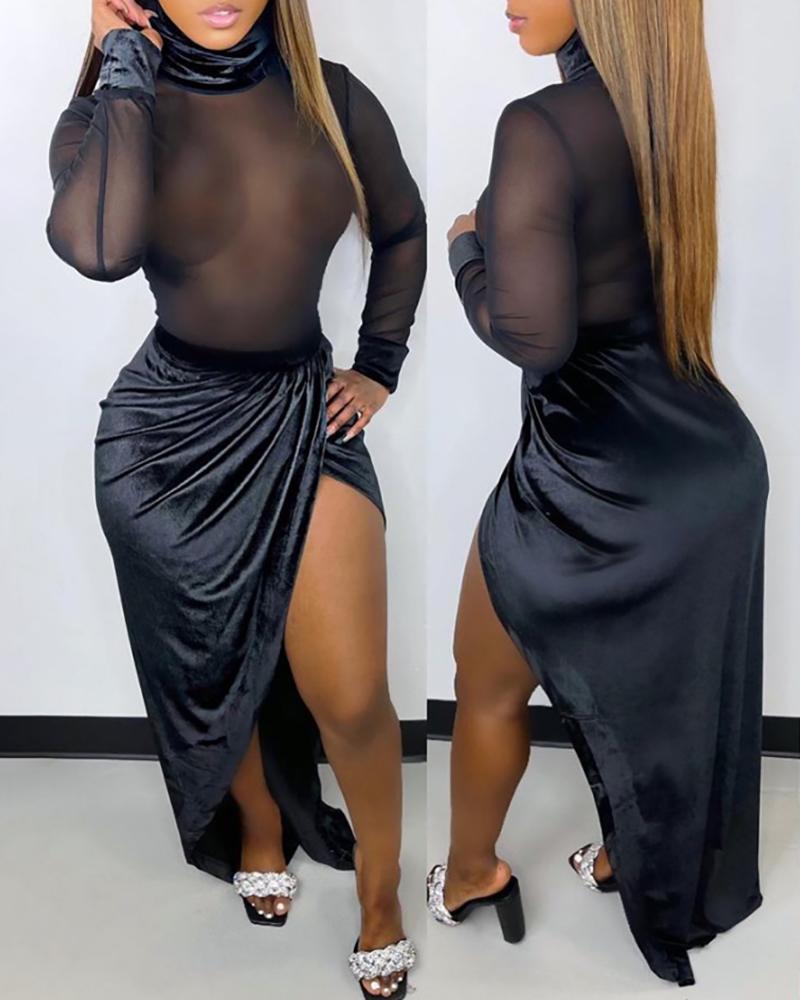 

Sheer Mesh Patch Long Sleeve Slit Maxi Dress, Black