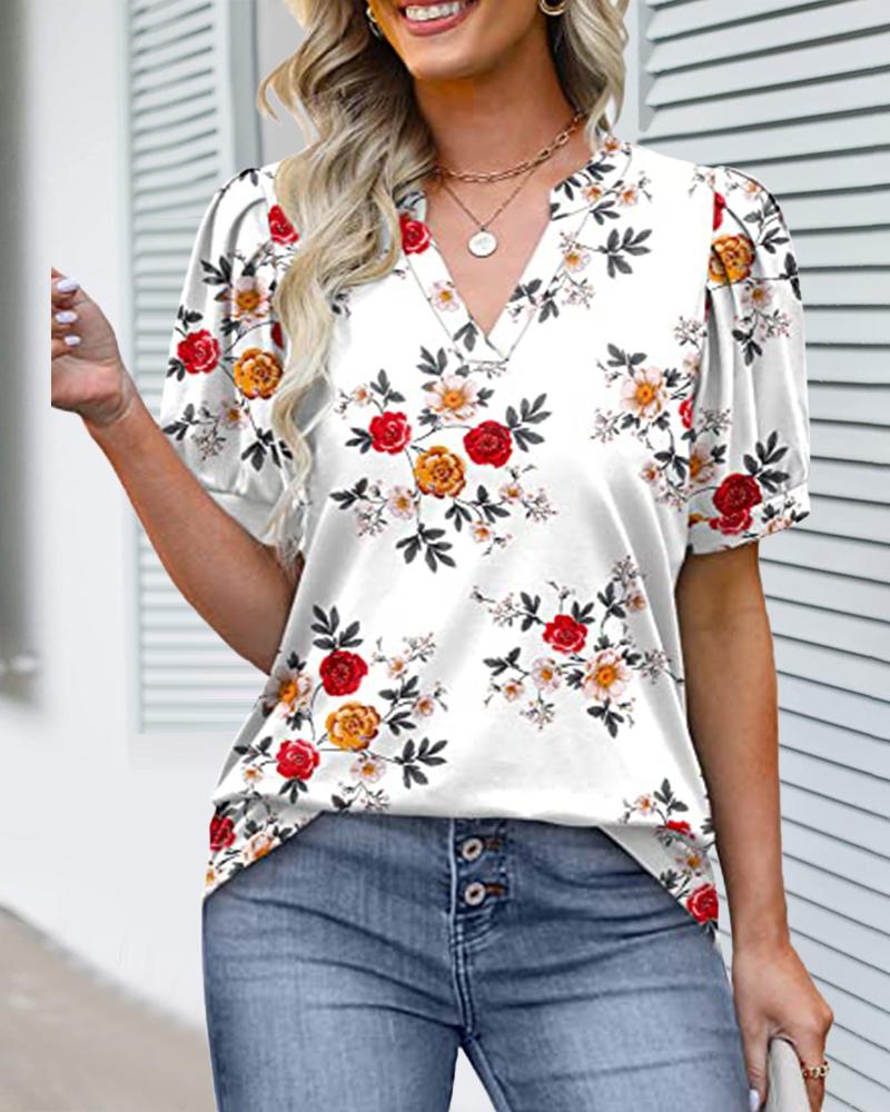 

Floral Print Puff Sleeve Notch Neck Casual Summer T-shirt, White