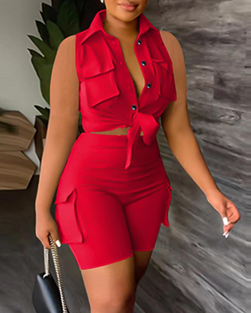 

Buttoned Pocket Design Sleeveless Top & Shorts Set, Red
