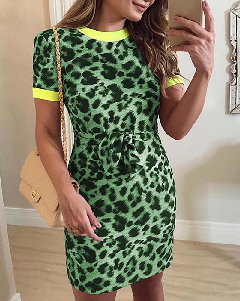 

Short Sleeve Leopard Print Knot Waist Dress, Green
