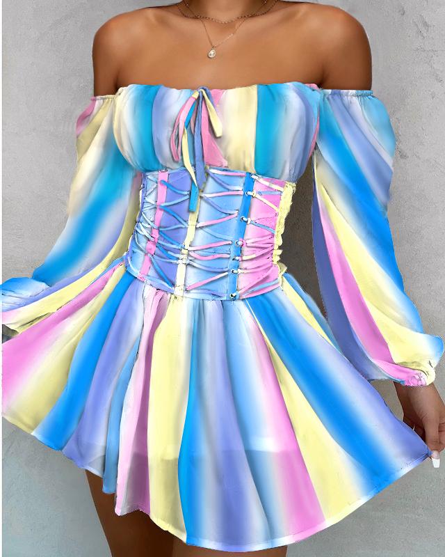 

Ombre Striped Off Shoulder Lace Up Corset Dress, Multicolor