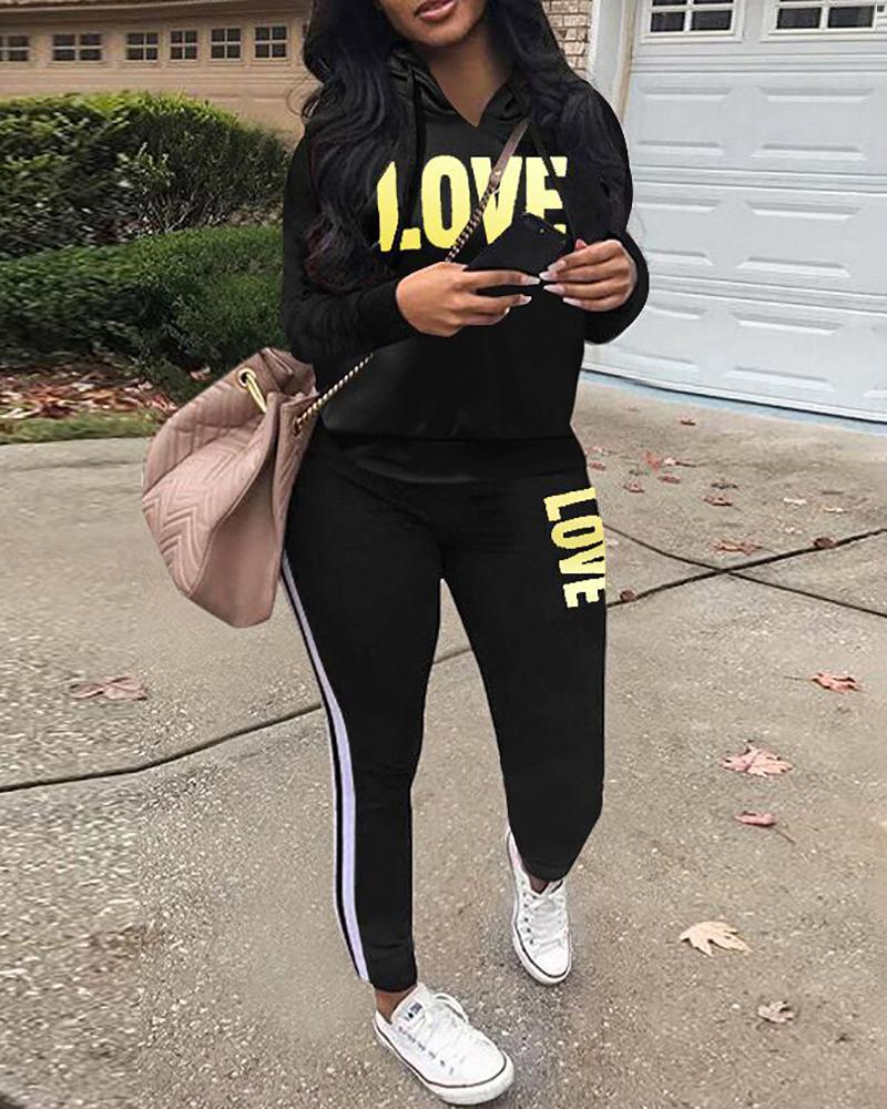 

Letter Print Hooded Sweatshirt & Striped Pants Set, Black