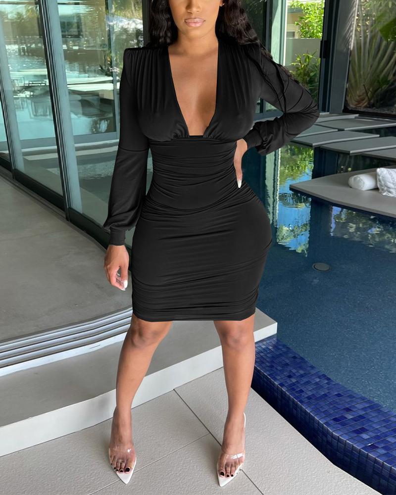 

Long Sleeve Plunge Zipper Back Ruched Bodycon Dress, Black