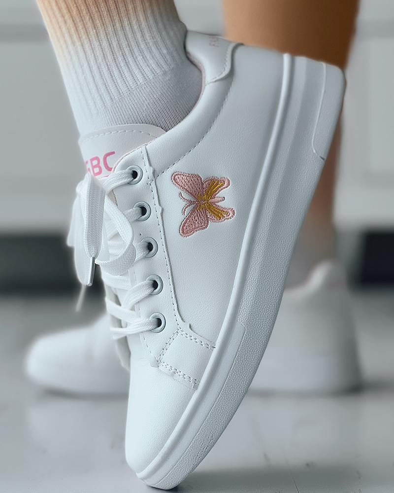 

Butterfly Pattern Lace-up Sneakers, Pink&white