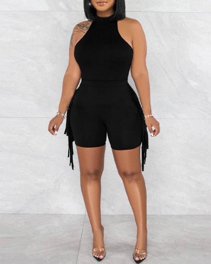 

Halter Sleeveless Tank Top & Tassel Design Shorts Set, Black