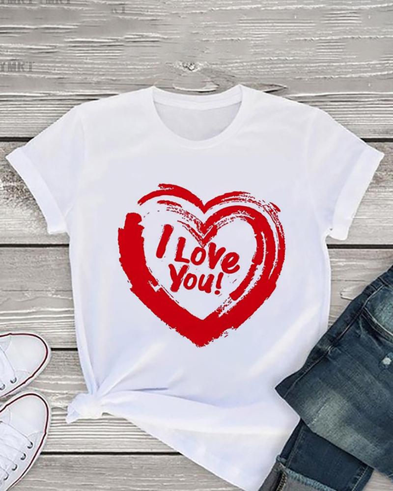

Valentine' Day O-Neck Heart Print Short Sleeve T-shirt, Style4