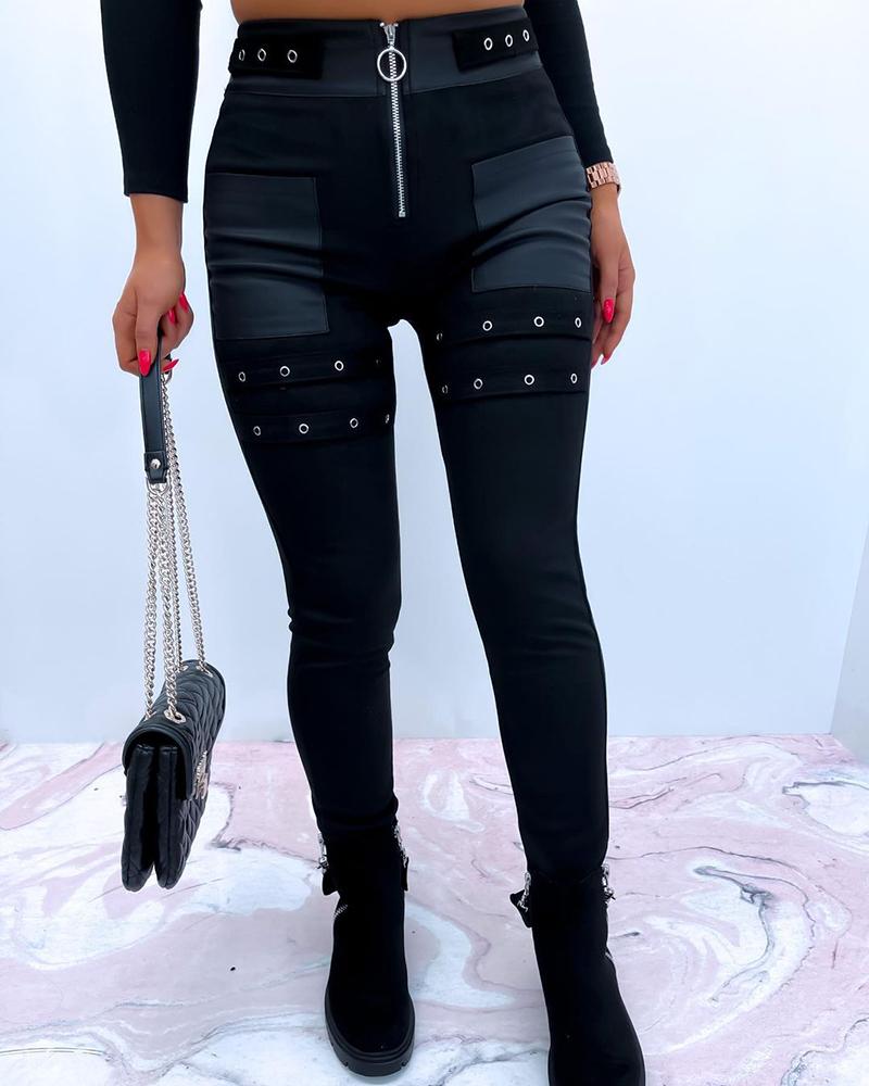 

PU Leather Patch Pocket Zipper Design Eyelet Skinny Pants, Black