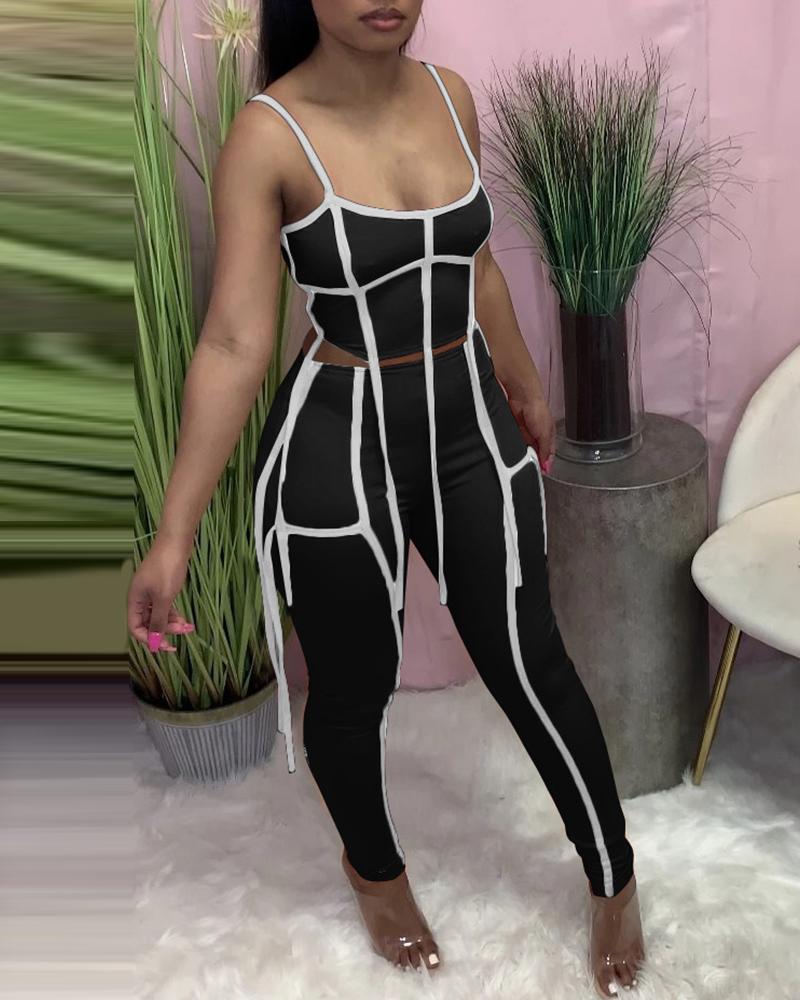 

Contrast Binding Strap Decor Top & Pants Set, Black