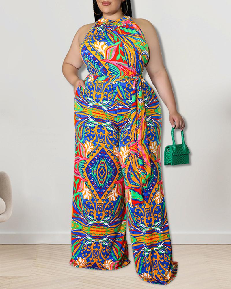 

Plus Size Tribal Print Belted Wide Leg Jumpsuit, Blue