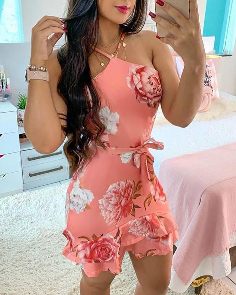 

Floral Print Halter Tied Detail Ruffles Dress, Pink