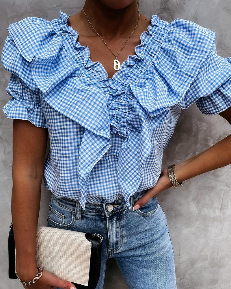 

Plaid Print Ruched Ruffle Hem Top, Blue