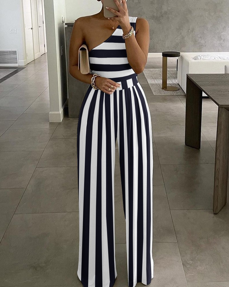 One Shoulder Striped Colorblock Jumpsuit Online. Discover hottest trend