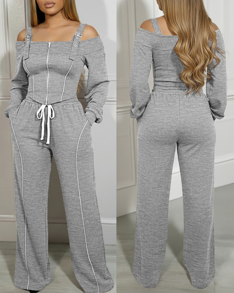 

2 Pieces Outfit Trendy Long Sleeve Cold Shoulder Top and Drawstring Waist Pants with Pockets, Gray