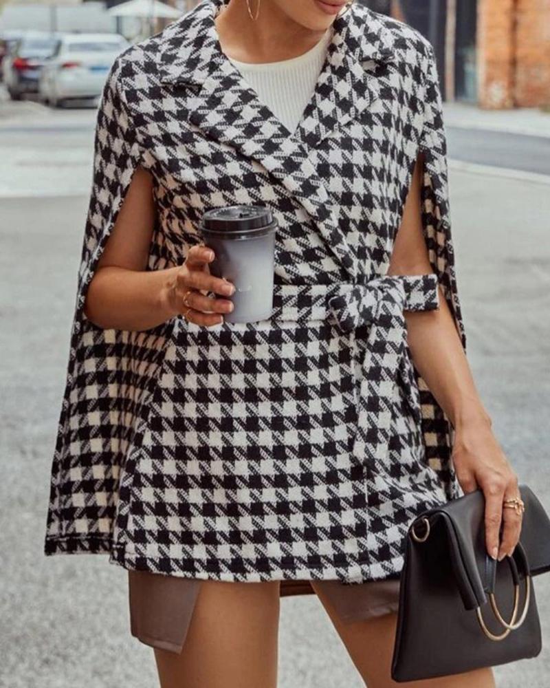

Houndstooth Print Cloak Sleeve Coat With Belt, Black