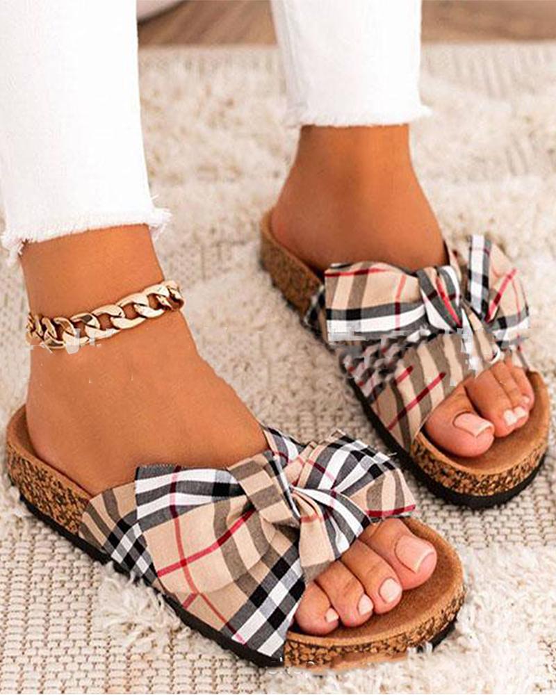 

Round-toe Plaid Splicing Bow Platform Flat Slippers, Yellow