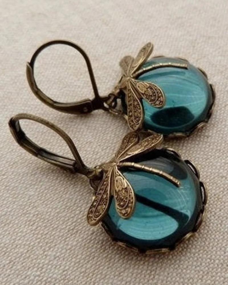 

1Pair Vintage Metal Dragonfly Earrings Inky Blue Moonstone Brass Glass Cabochon Victorian Gifts