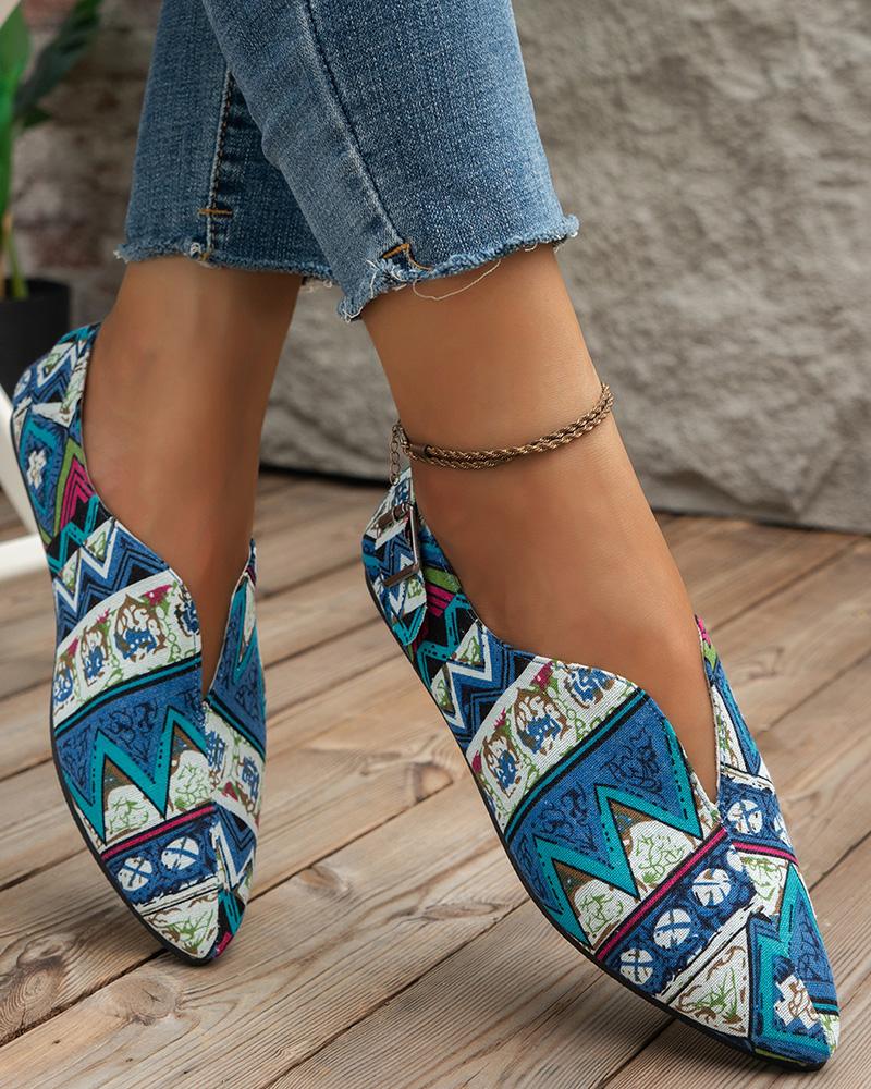

Tribal Geometric Print Point Toe Casual Loafers, Blue