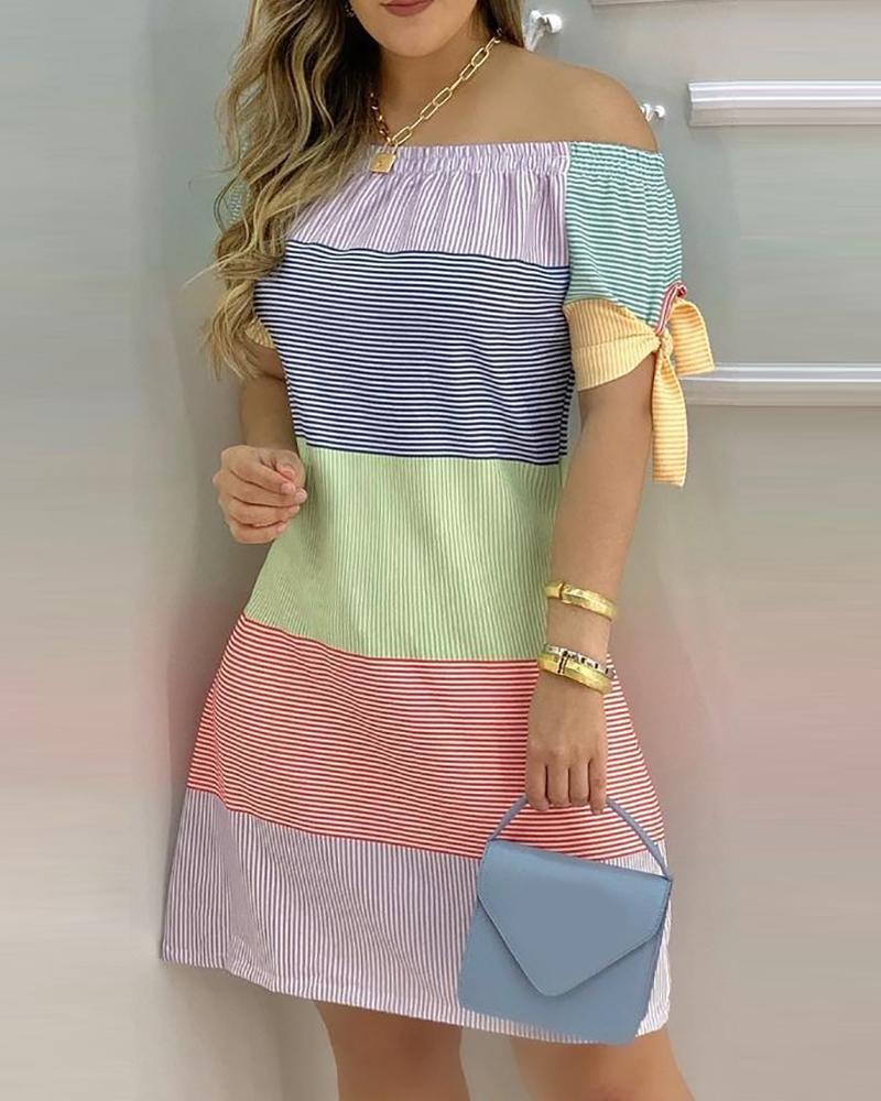 

Striped Print Colorblock Off Shoulder Casual Dress, Green&blue