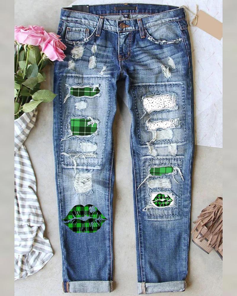 

Plaid Lip Print Patchwork Ripped Jeans, Blue