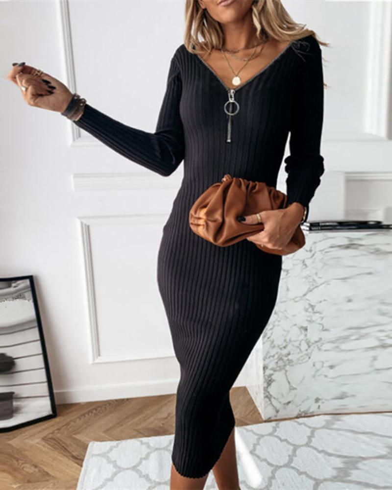 

Ribbed Long Sleeve Zipper Design Bodycon Dress, Black