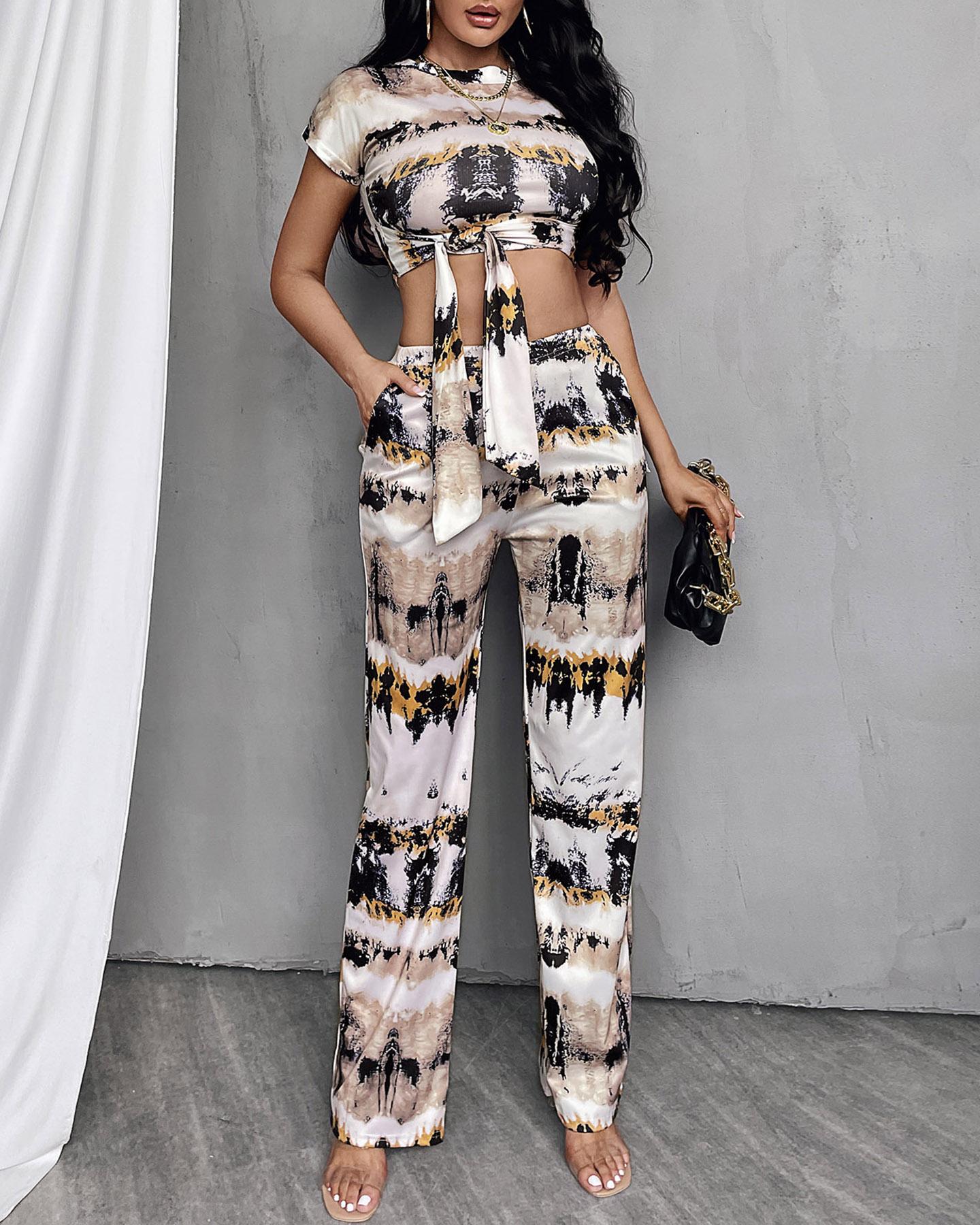

Tie Dye Print Tied Detail T-Shirt & Pocket Design Pants Sets, Black